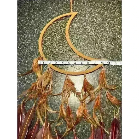 Crescent Moon Dream Catcher Brown Suede Feathers & Beads 34" Long - Picture 5 of 5
